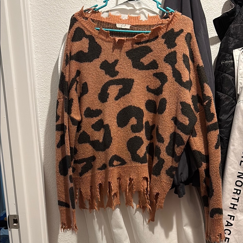 Easel cheetah print Brown and Black Crew Neck Sweater with Fringe